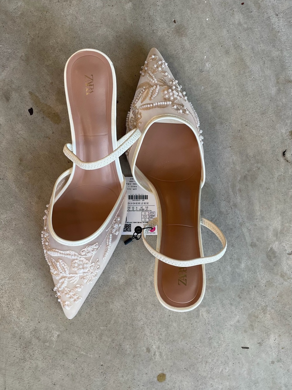 Zara Ivory Beaded Mesh Embellished Slingback Heels